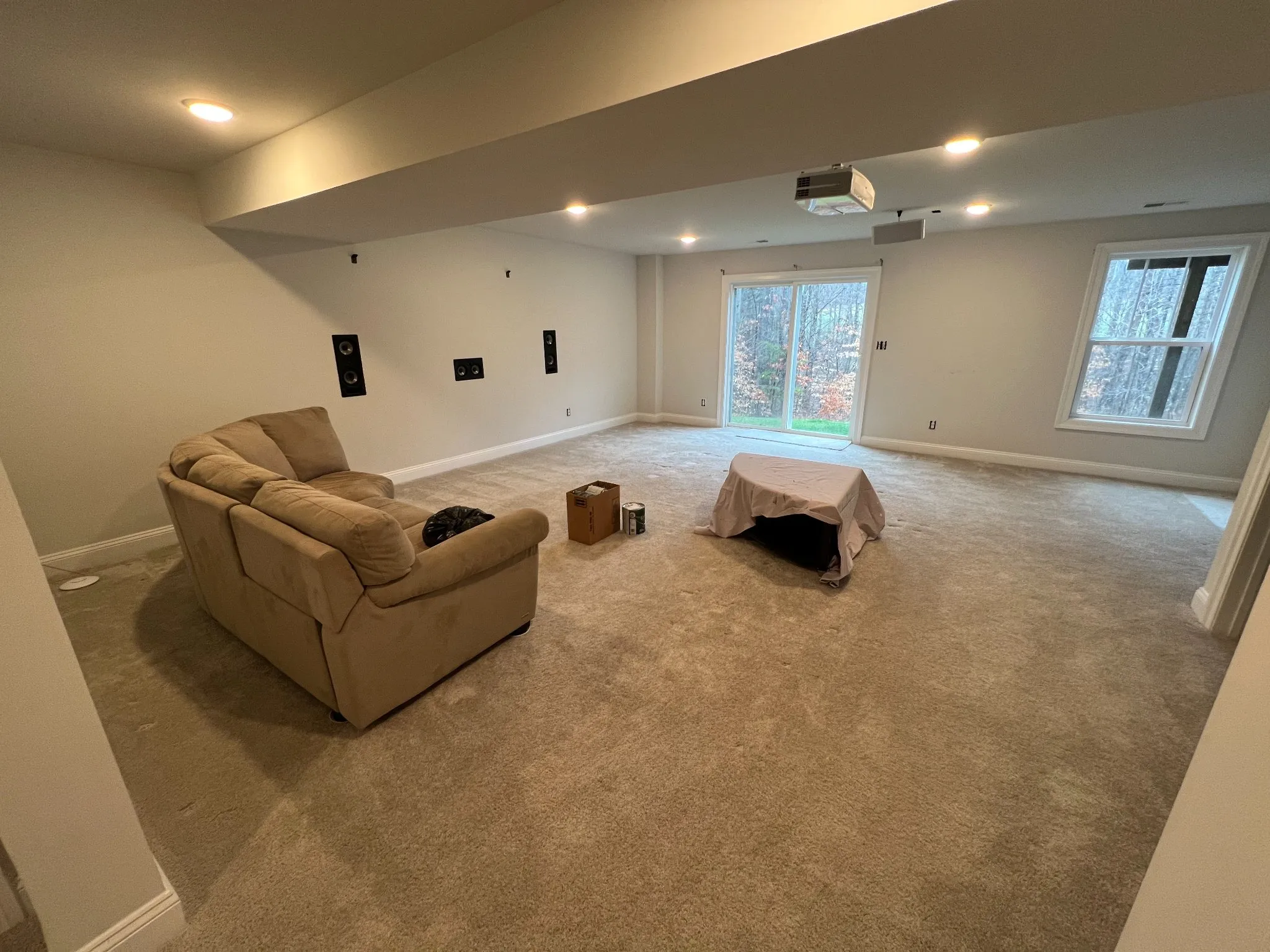 Spacious basement entertainment room with beige carpet, cream walls, recessed lighting, and large windows overlooking trees