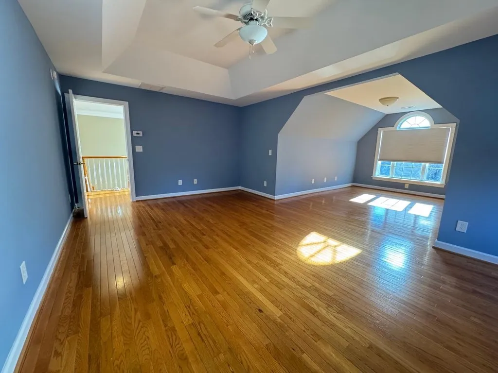 Spacious blue bedroom with hardwood floors, ceiling fan, and dormer window with natural light