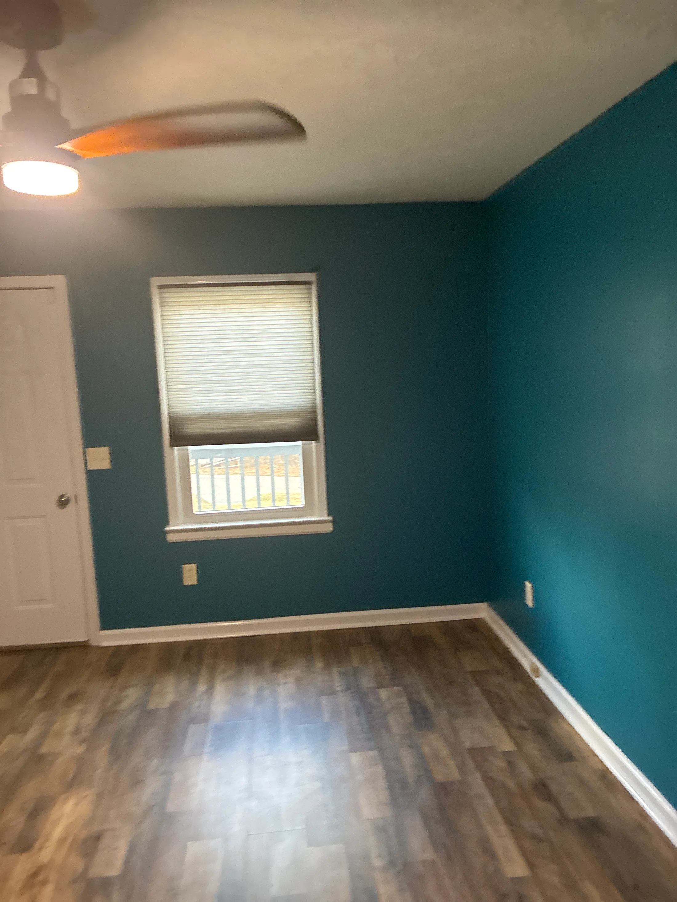 Empty room with teal walls, wood flooring, window with blinds, ceiling fan, and white door
