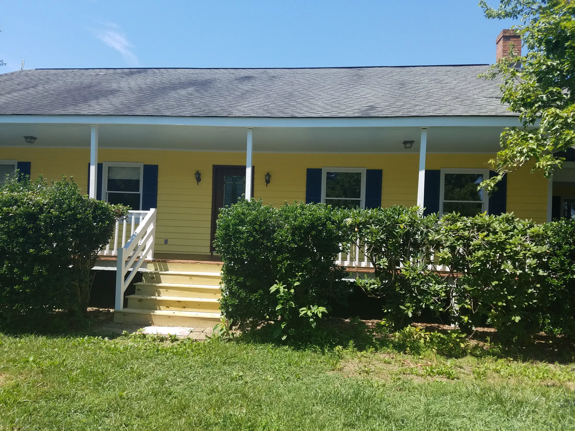 Yellow cottage with white columns, black shutters, brick chimney, and manicured green shrubs