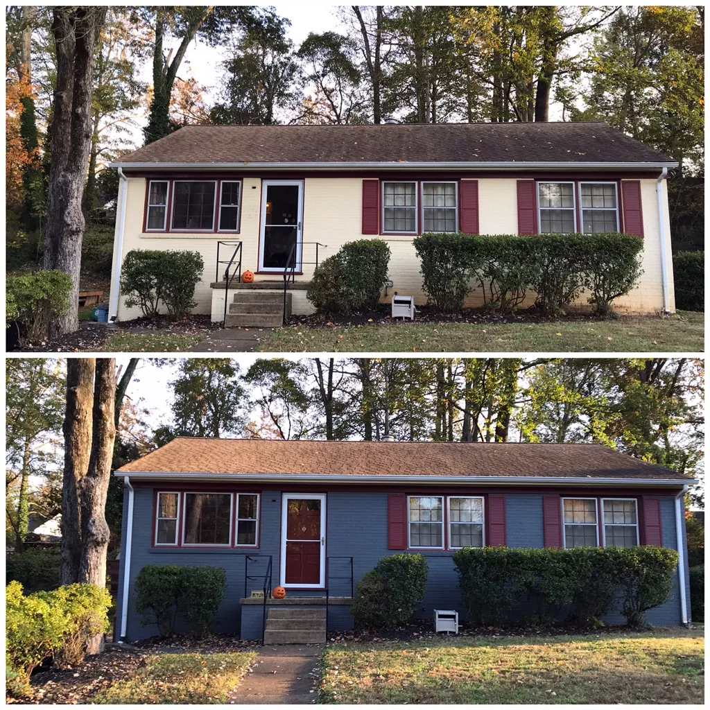 Before and after exterior house painting transformation from cream to blue siding